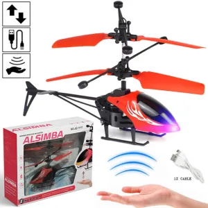 Alsimba Flying Helicopter Hand Induction Control With LED Light Gravity Sensor USB Rechargeable Toy For Kids - No Remote Required - Size Approx. 8 inches - Red
