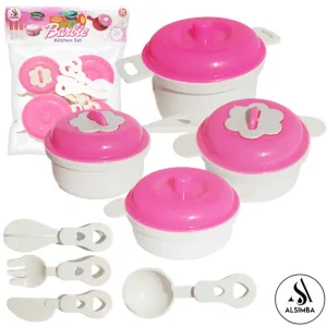 Barbie Kitchen Set 8 Pcs Cookware Toy For Kids Girls - 4 Pcs Plastic Cooking Pots With 4 Pcs Plastic Cuterly - Approx. 4 Inch - Pink