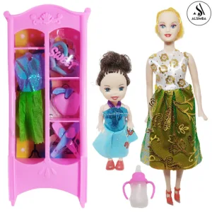 9 Pcs Dress Up Set Barbie Doll With Baby Doll & Feeder With Closet Toy - Closet Include 1 Doll Dress With Hanger and 3 Dolls Accessories - Dresses Will Be Random - Item Size Approx. 18 inches