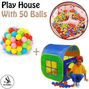 Play House Tent + 50 Soft Plastic Tent Balls Set For Kids - Tent Size Approx. 110cm and Each Ball Size 5.5cm - Assorted Color