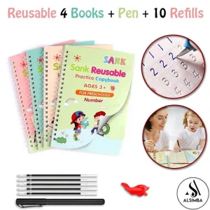 New Educational 4 in 1 Imported High Quality Sank Montessori Reusable Magic Book For Kids - 4 Different Magic Books - 1 Magic Pen - 10 Refills - 1 Grip Set Toy For Children's Calligraphy Copybook Magic Writing Calligraphy Handwriting Copybook Set