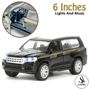 Toyota Land Cruiser V8 Front Doors Open and Lights and Music Simulation Luxury SUV Model Car - Pull Back Alloy Metal Diecasts Off-road Vehicle Birthday Gift for Boy Children 1:32 Scale - Size Approx. 6 Inches - Black