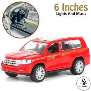 Toyota Land Cruiser V8 Front Doors Open and Lights and Music Simulation Luxury SUV Model Car - Pull Back Alloy Metal Diecasts Off-road Vehicle Birthday Gift for Boy Children 1:32 Scale - Size Approx. 6 Inches - Red
