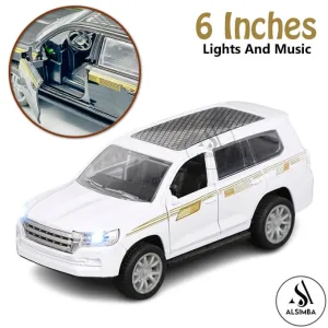 Toyota Land Cruiser V8 Front Doors Open and Lights and Music Simulation Luxury SUV Model Car - Pull Back Alloy Metal Diecasts Off-road Vehicle Birthday Gift for Boy Children 1:32 Scale - Size Approx. 6 Inches - White