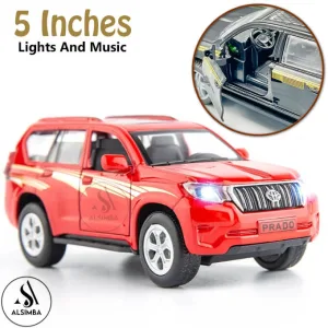 Toyota Land Cruiser Prado Front Doors Open With Lights and Music Simulation Luxury SUV G25 Model Car - Pull Back Alloy Metal Diecasts Off-road Vehicle Birthday Gift for Boy Children 1:36 Scale - Size Approx. 5 Inches - Red