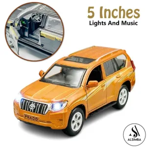 Toyota Land Cruiser Prado Front Doors Open With Lights and Music Simulation Luxury SUV G25 Model Car - Pull Back Alloy Metal Diecasts Off-road Vehicle Birthday Gift for Boy Children 1:36 Scale - Size Approx. 5 Inches - Orange