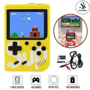 SUP Game Box 400 In 1 Retro Video Game Rechargeable Single Player Portable Handheld Game Console Handheld Game PAD Gamebox for kids Connects with LCD / TV - Size Approx. 5 Inches - Yellow
