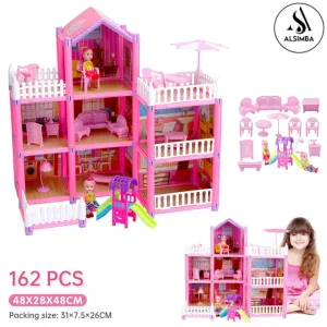 Dream Castle DIY Assembled Game 162 Pieces 3-Storey Big Doll House Villa Children's Family DIY Accessories Assembly Dream Castle Toy Girl Gift - Size Approx. 20 Inches