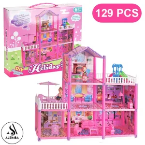 Holiday Villa Three Story Pink 129 pcs Doll House For Kids Girls Gift DIY Assembled Game Set For Kids - Size Approx. 24 inches