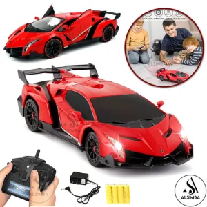 Remote Control Rechargeable Lamborghini Venono 4 Channel With Lights & Sound - Front Doors Open - 1:18 Scale Simulated Model Car - Red