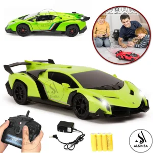 Remote Control Rechargeable Lamborghini Venono 4 Channel With Lights & Sound - Front Doors Open - 1:18 Scale Simulated Model Car - Green